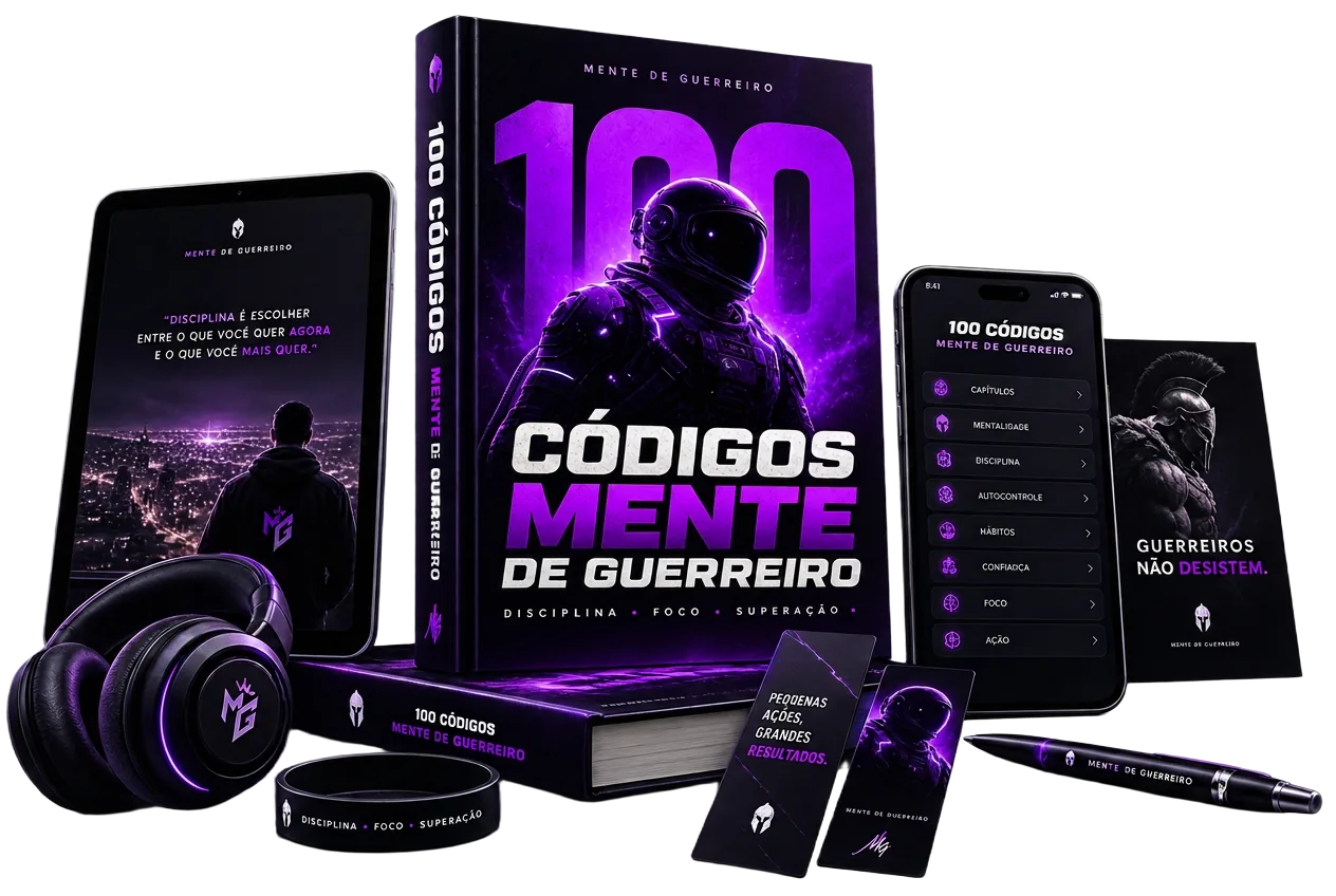 Mockup do produto 100 Códigos: Mente de Guerreiro — ebook, aplicativo e itens da coleção